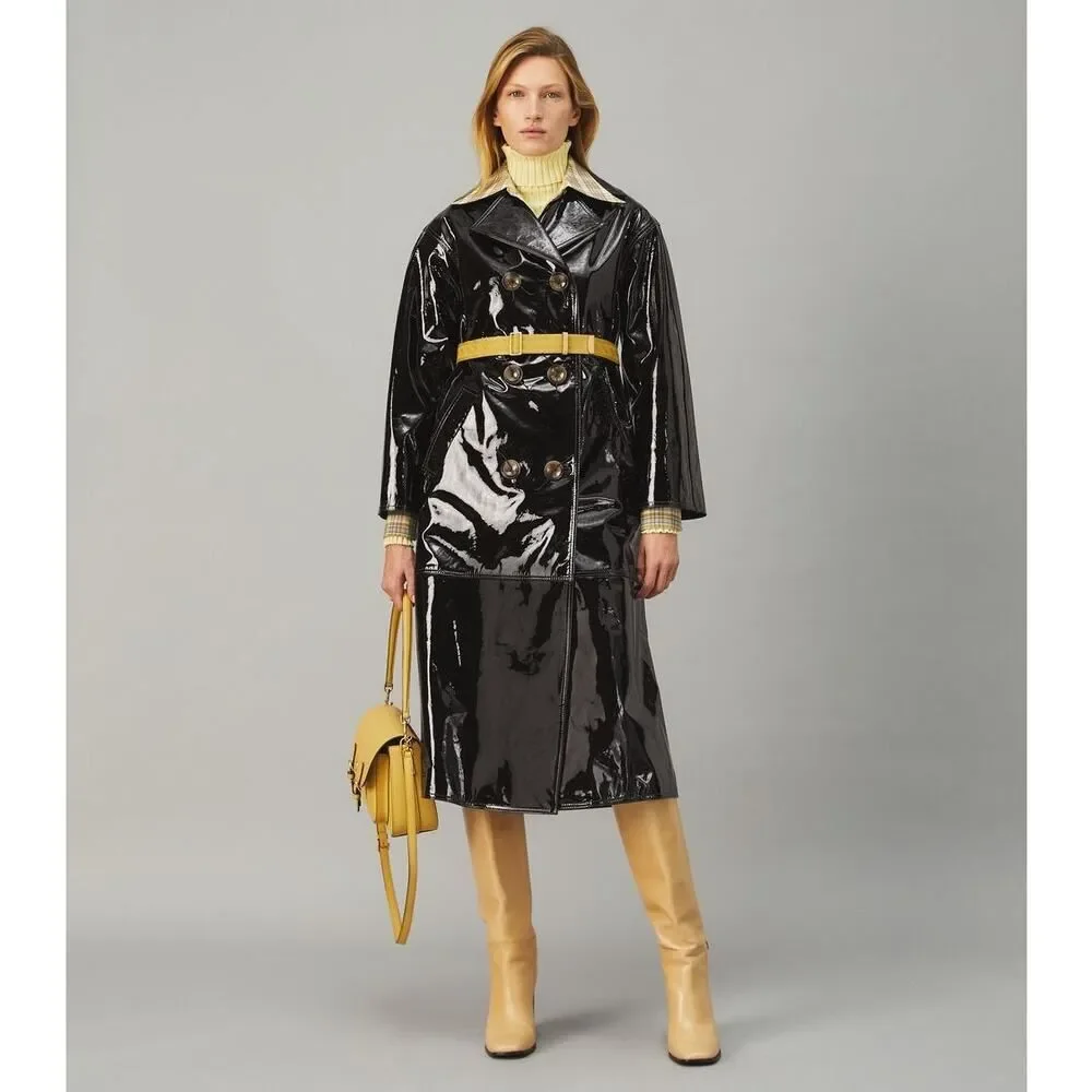 Tory Burch Black Patent Leather Trench Coat Belted Size 6